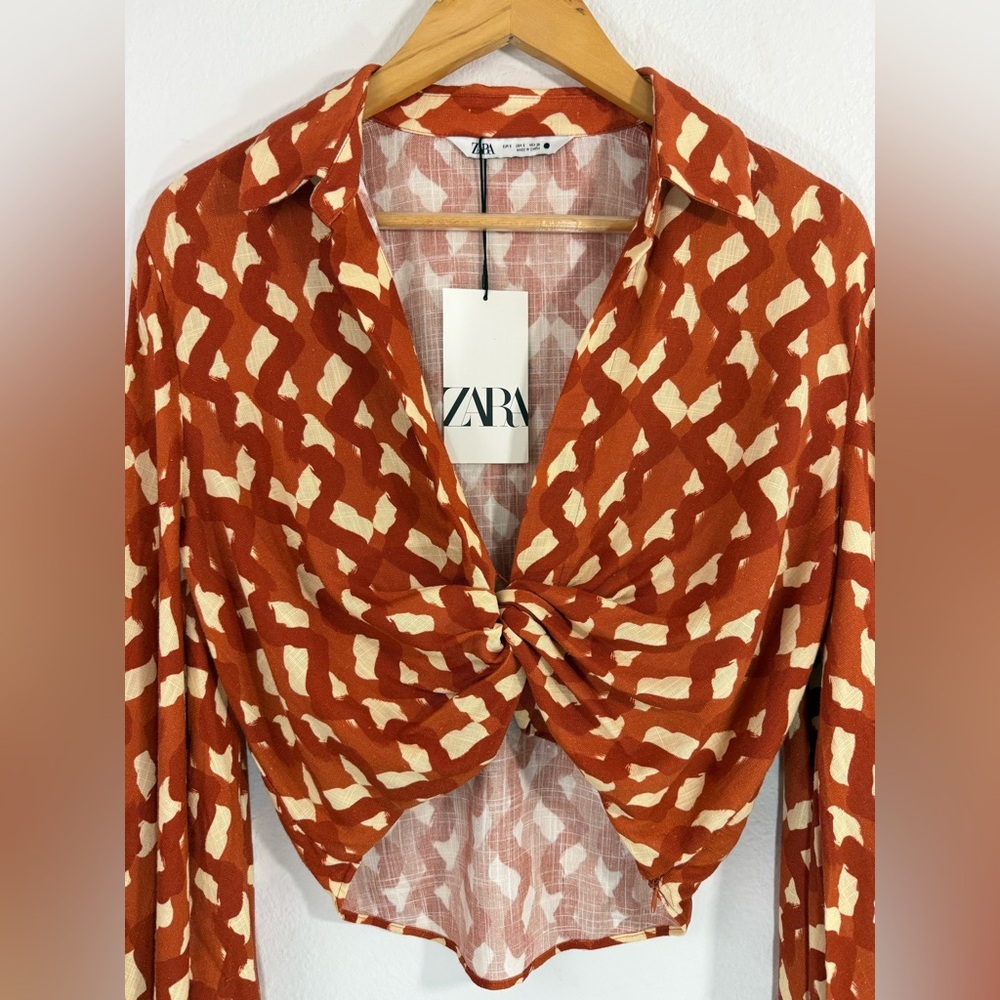 Zara Small Terracotta Print Linen Blend Twist Front Crop Top NWT Beaded Cuffs - Picture 10 of 16